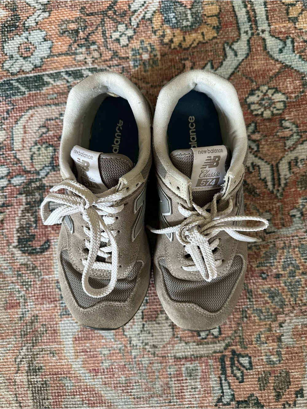 New Balance Taupe and White Classic 574 Sneakers